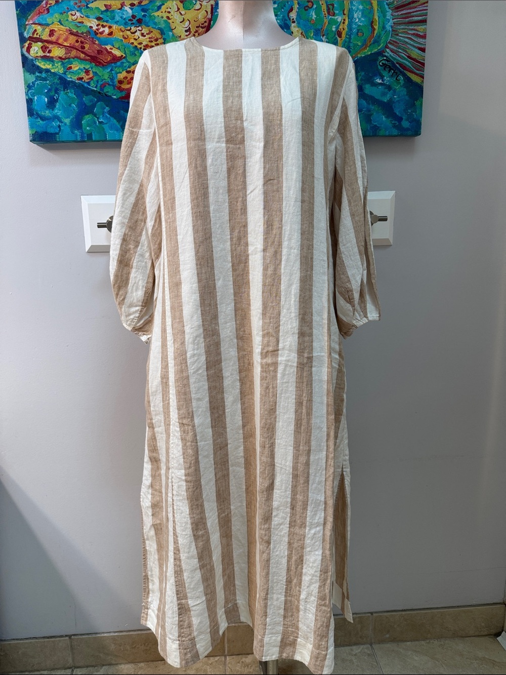 Everlane The Linen A-Line Midi Dress Bone / Caramel Sz.8 EUC